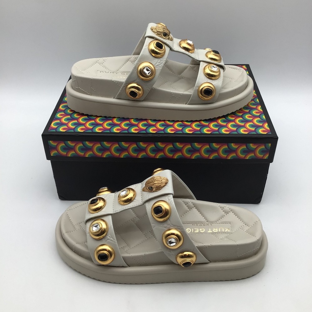 Kurt Geiger Orson Crystal Studded Leather Platform Slide Sandals US Size 7.5 NEW